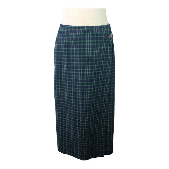Liz Claiborne Green Blue Plaid Wool Blend Wrap Style Vintage Maxi Skirt Medium - Picture 1 of 5